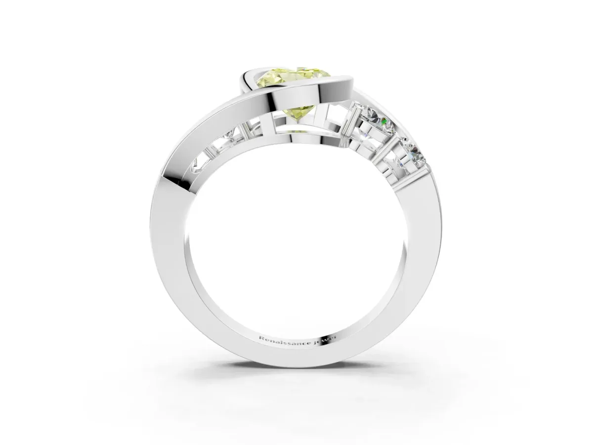 Fancy Yellow Bezel Set Oval Cut Diamond Bypass Ring with Round Accents Silver