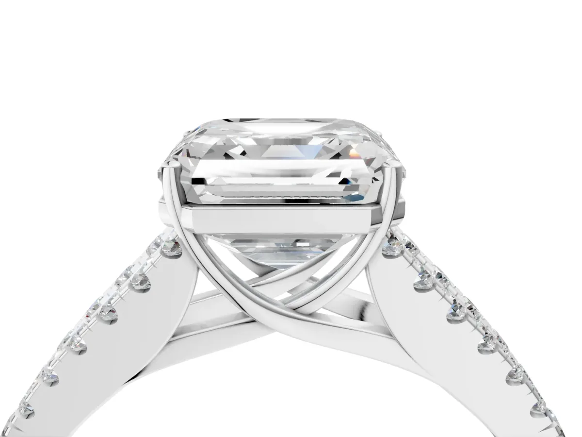 Asscher Cut Diamond Split Shank Engagement Ring with Round Pavé and Prong Setting Platinum