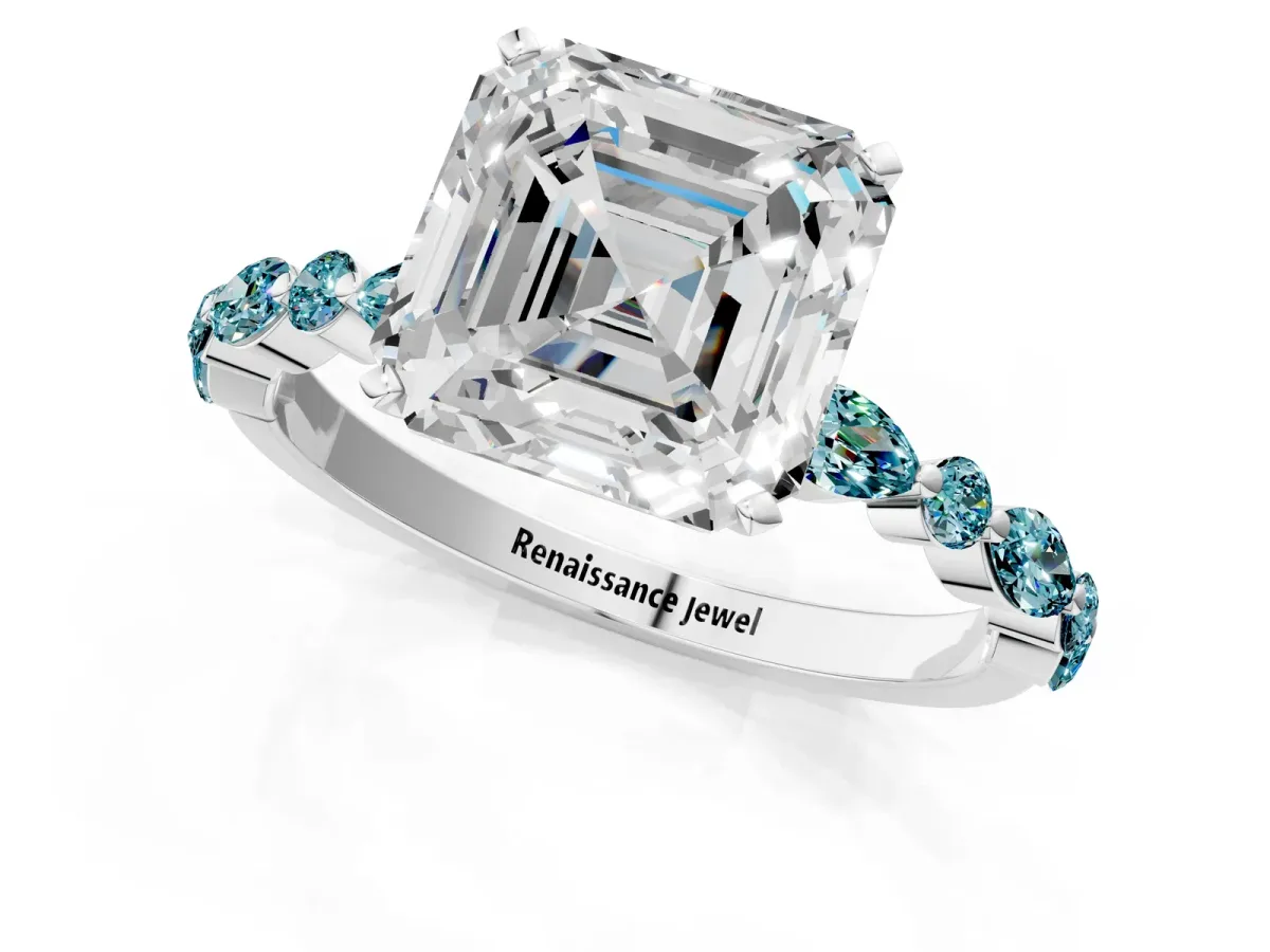 Asscher Cut Diamond Ring with Marquise and Round Blue Topaz Side Stones and Four-Prong Setting White gold