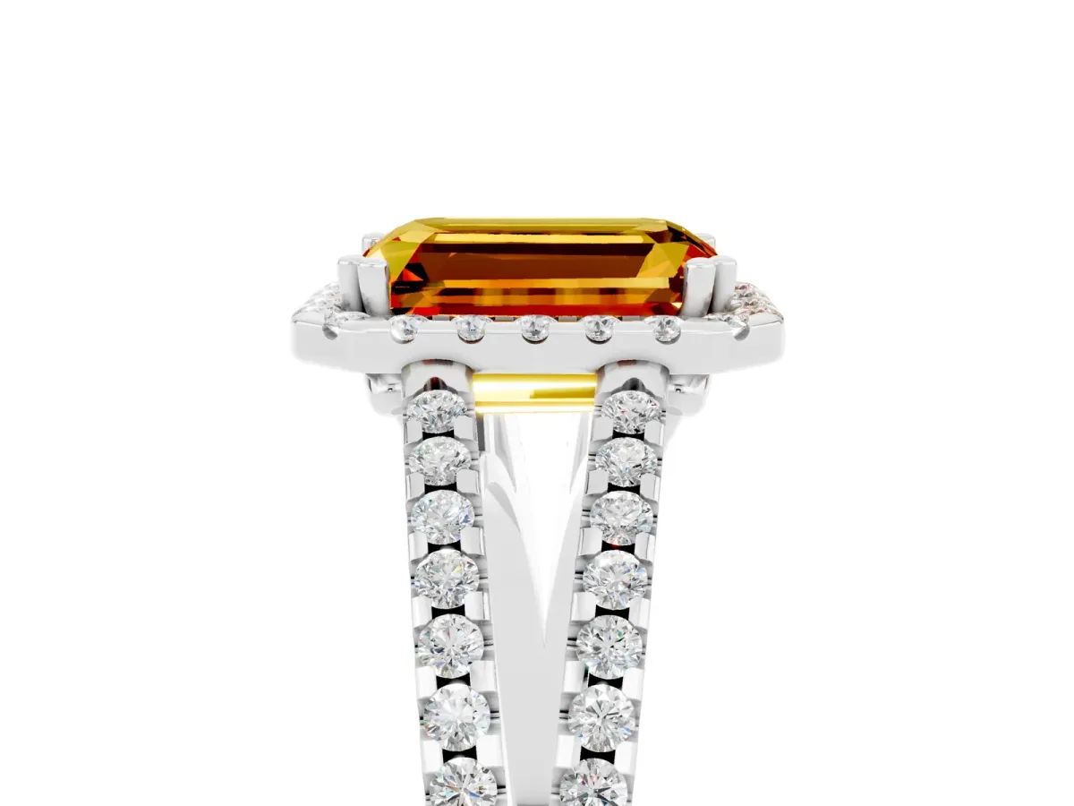 Emerald Cut Citrine Halo Split Shank Engagement Ring Platinum