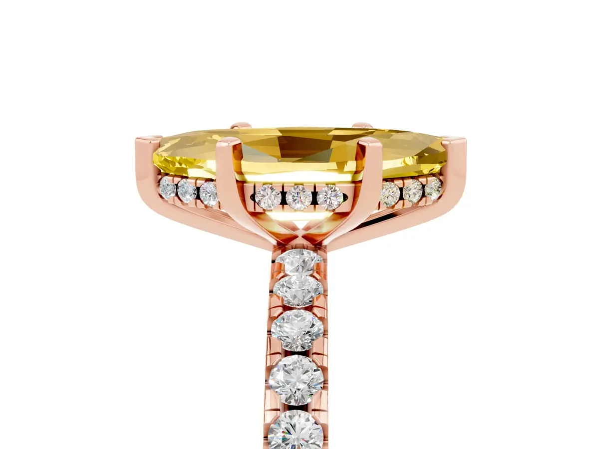 Marquise Cut Yellow Sapphire Solitaire Ring with Round Pavé Band and Four-Prong Setting Rose gold
