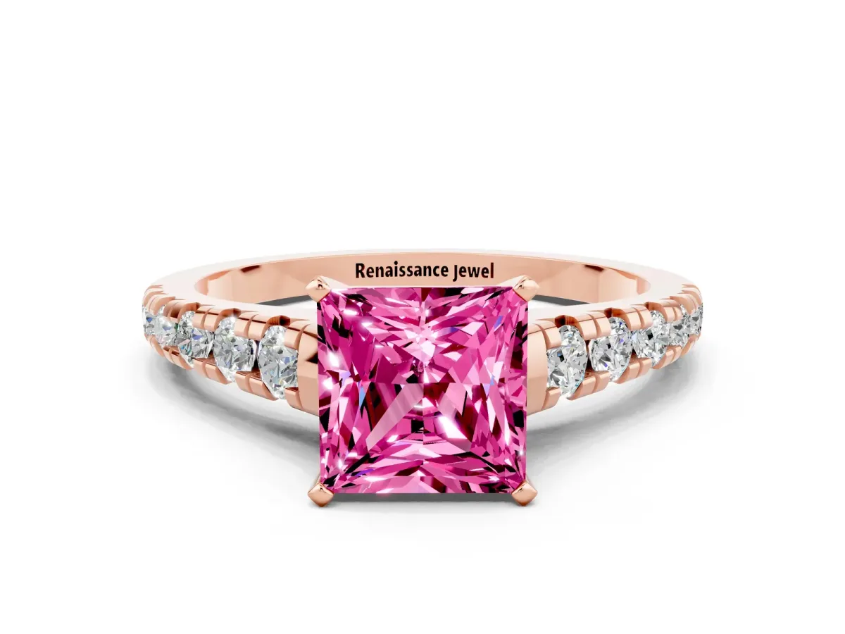 Princess Cut Pink Sapphire Cathedral Solitaire Ring with Round Pavé Band Rose gold