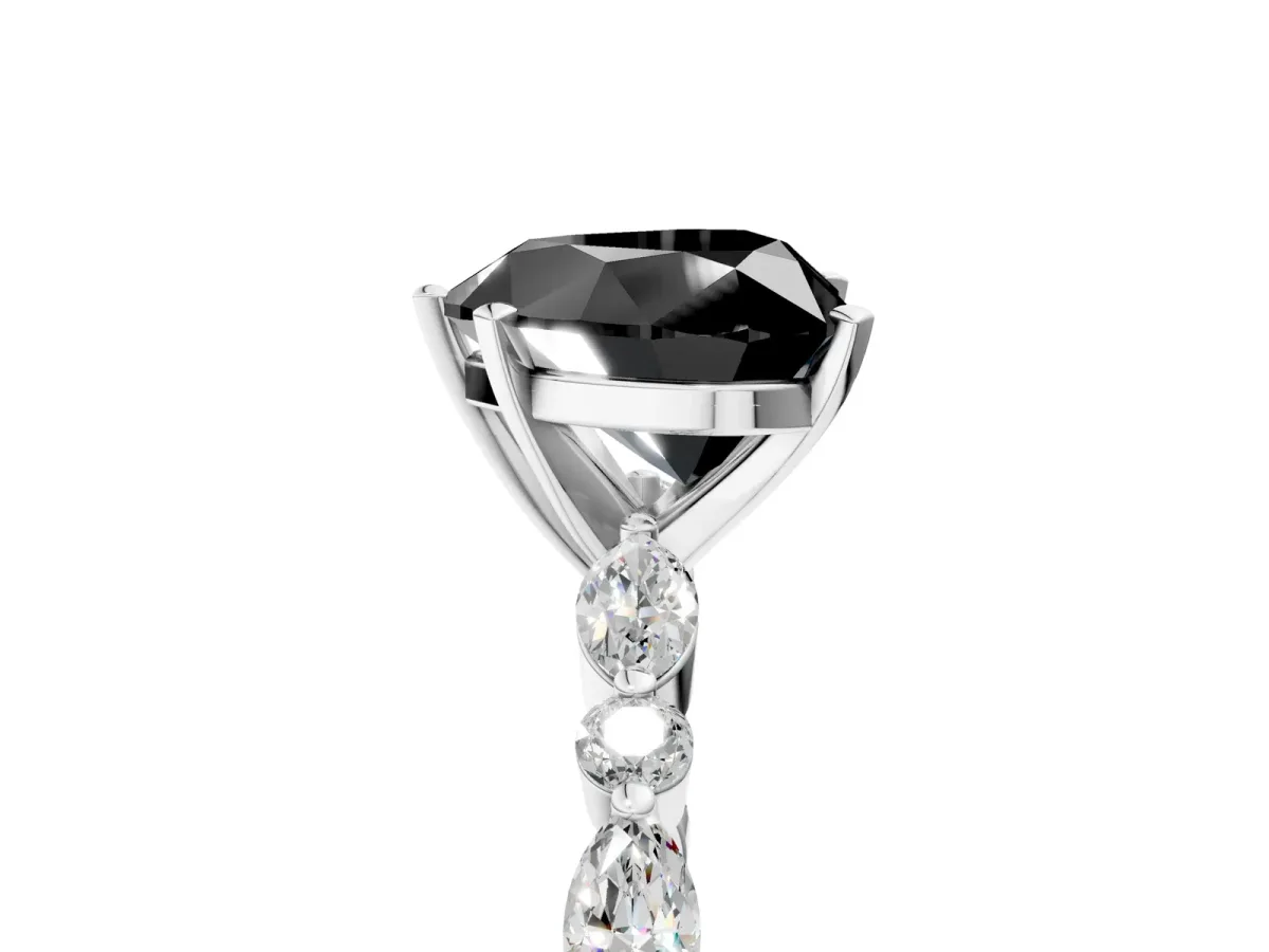 Fancy Black Heart Cut Diamond Ring with Marquise and Round Side Stones and Four-Prong Setting White gold