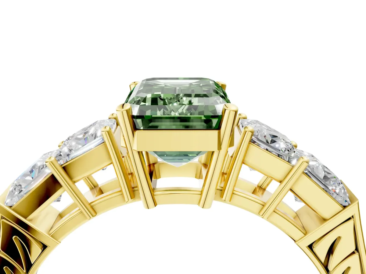 Fancy Green Emerald Cut Solitaire Princess Side Stone Engraved Band Prong Setting Ring Yellow gold