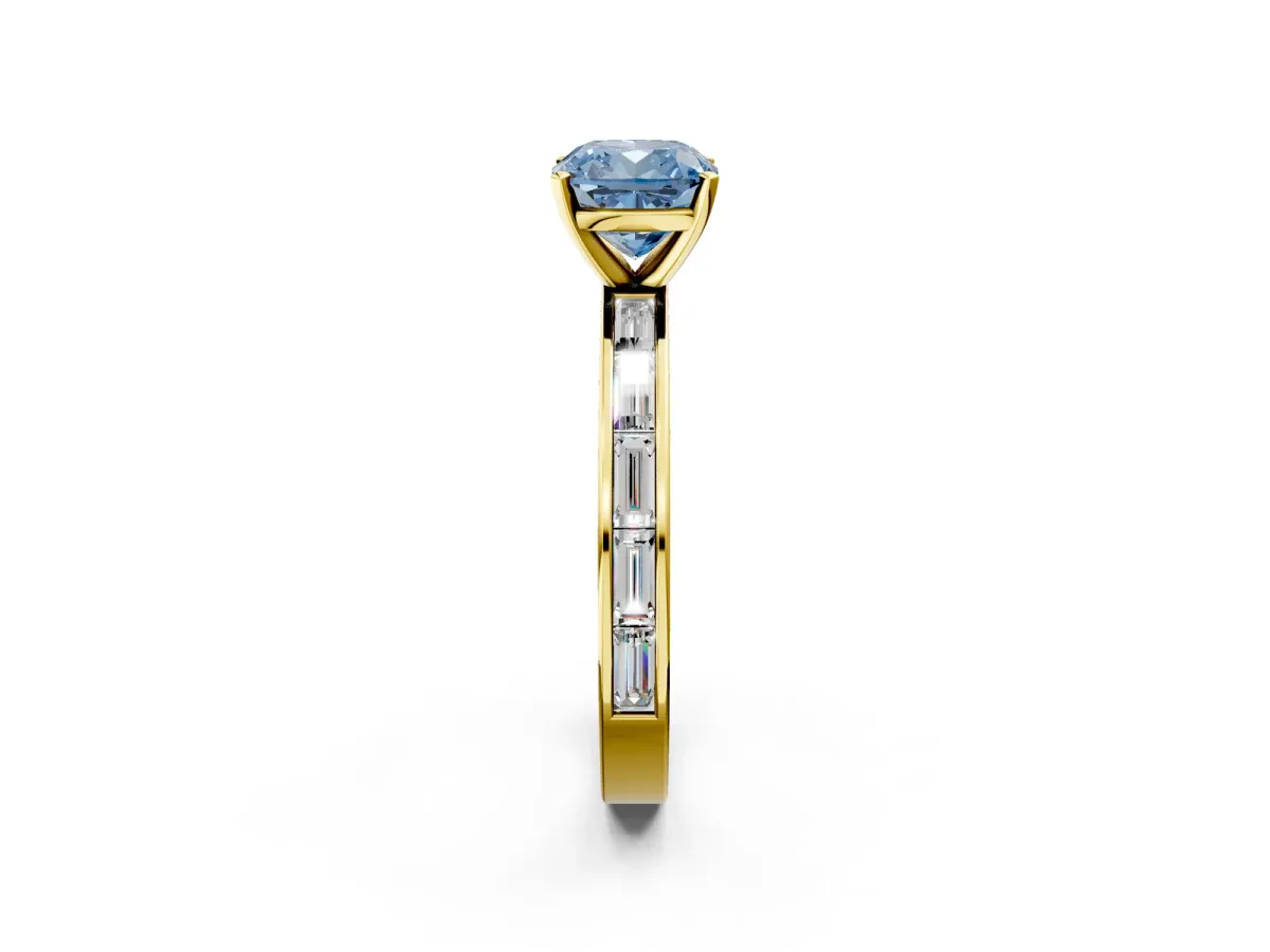 Fancy Blue Cushion Cut Solitaire Diamond Ring with Channel-Set Baguette Band and Four-Prong Setting Yellow gold