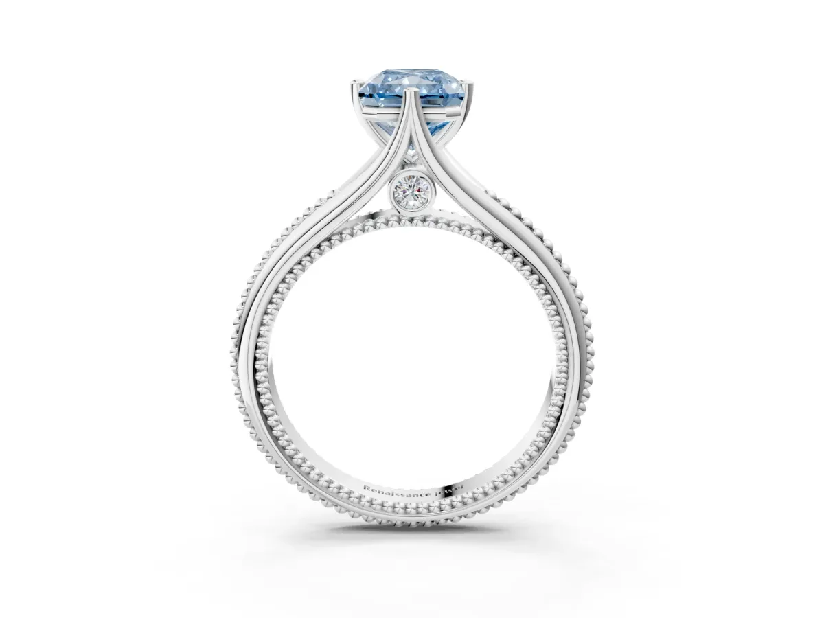 Fancy Blue Radiant Cut Solitaire Beaded Band Six-Prong Setting Platinum