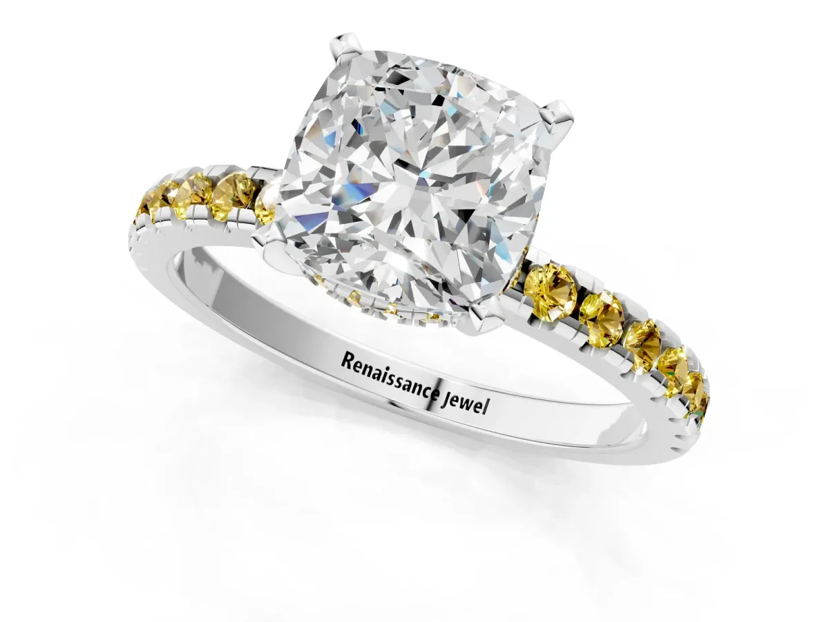 Cushion Cut Diamond Solitaire Ring with Round Yellow Sapphire Pavé Band and Four-Prong Setting White gold