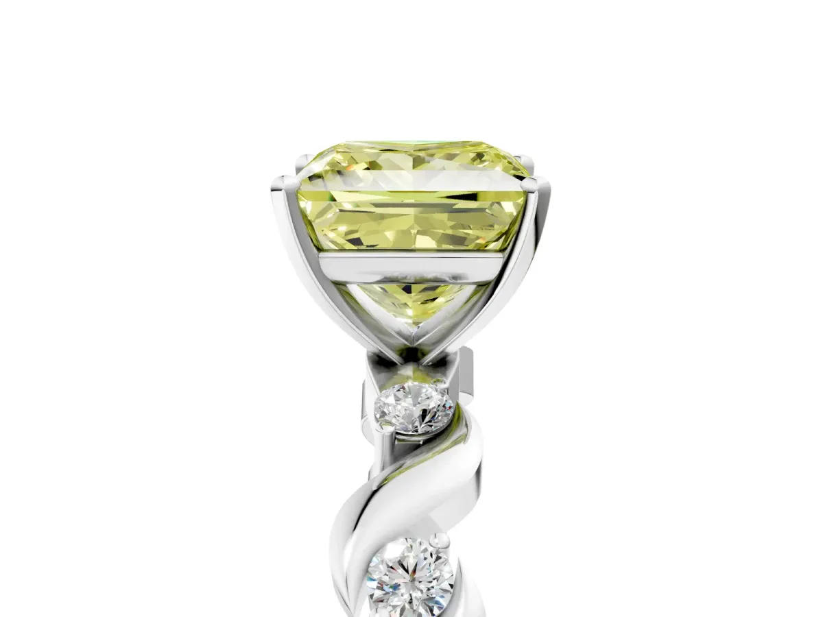 Fancy Yellow Princess Cut Diamond Solitaire Twisted Band with Round Accents and Prong Setting Platinum