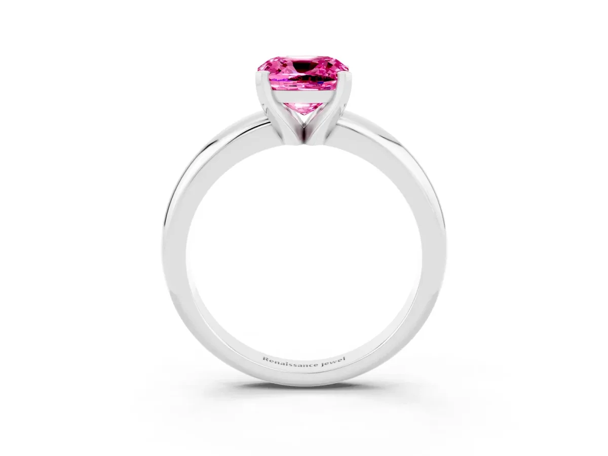 Cushion Cut Pink Sapphire Solitaire Engagement Ring with Round Band and Four-Prong Setting White gold