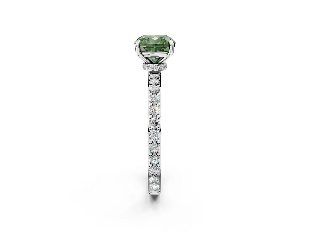 Fancy Green Cushion Cut Diamond Solitaire Engagement Ring with Pavé Band and Four-Prong Setting White gold