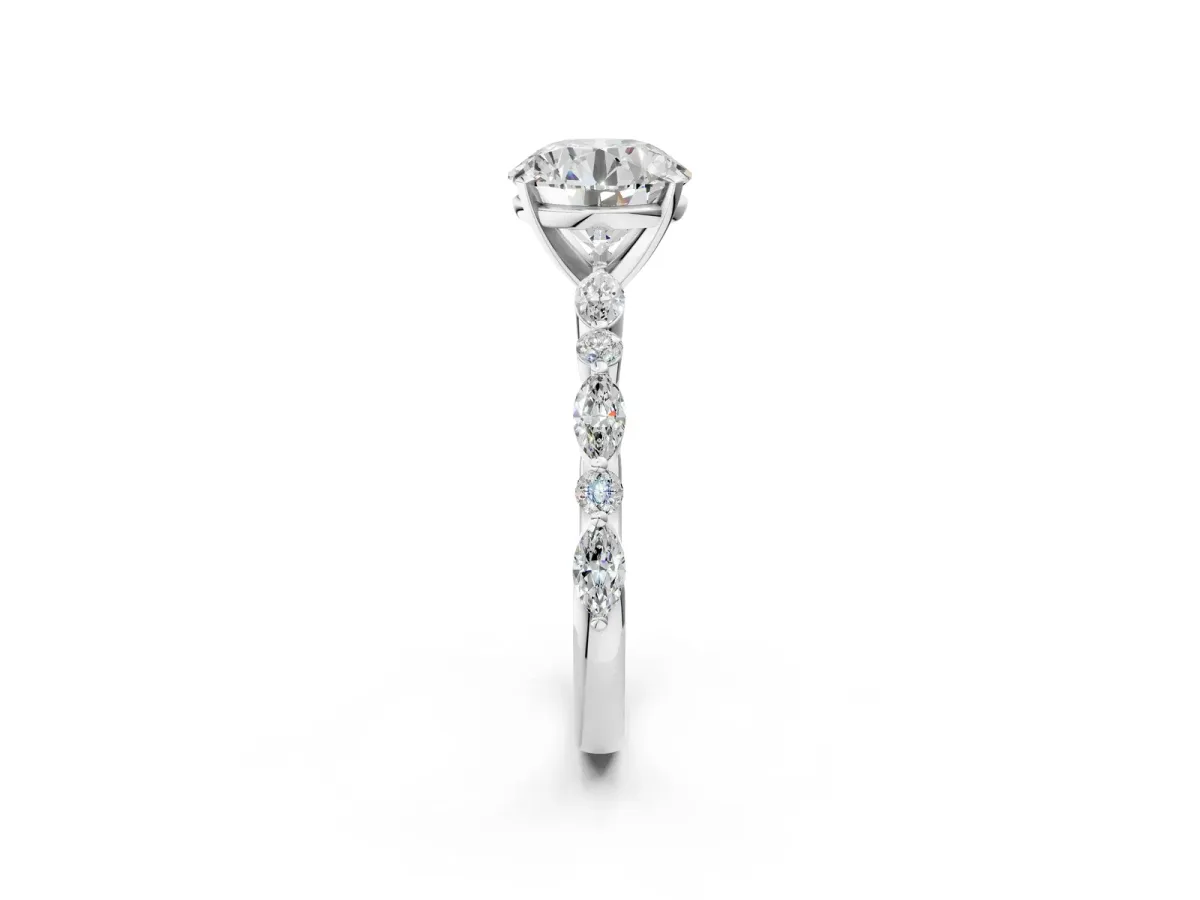 Round Cut Diamond Ring with Marquise and Round Moissanite Side Stones and Four-Prong Setting White gold