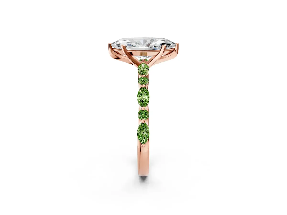 Marquise Cut Diamond Ring with Marquise and Round Peridot Side Stones and Four-Prong Setting Rose gold