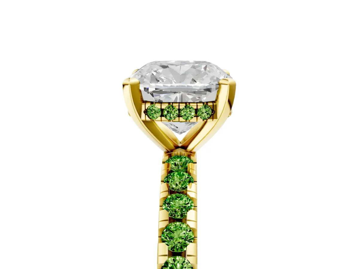 Cushion Cut Diamond Solitaire Ring with Round Peridot Pavé Band and Four-Prong Setting Yellow gold