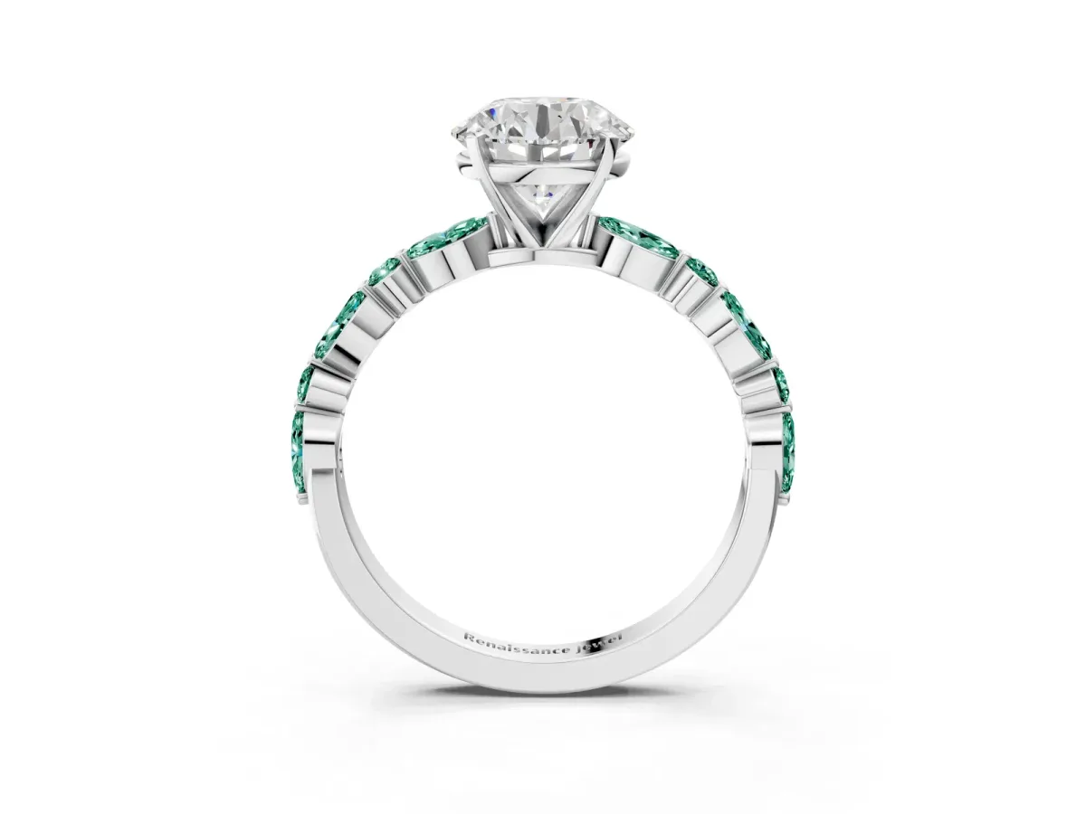 Round Cut Diamond Ring with Marquise and Round Green Sapphire Side Stones and Four-Prong Setting Platinum