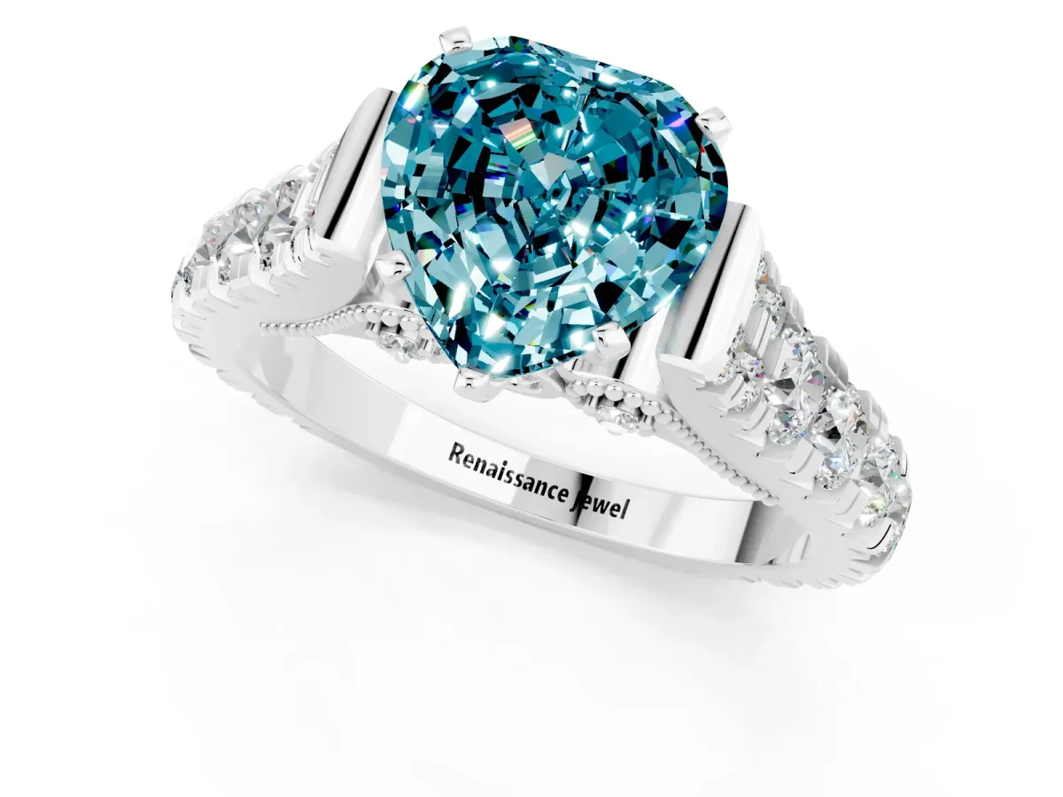 Heart Cut Blue Topaz Classic Solitaire Ring with Pavé Band and Four-Prong Setting White gold