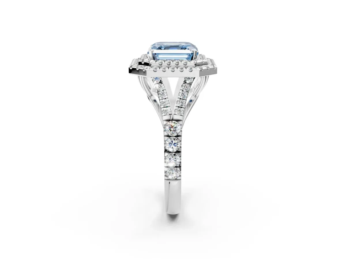 Fancy Blue Asscher Cut Diamond Double Halo Ring with Split Shank and Prong Setting Silver