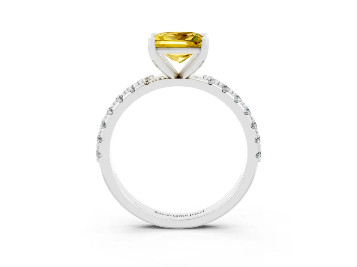 Princess Cut Yellow Sapphire Solitaire Pavé Band with Four-Prong Setting Silver