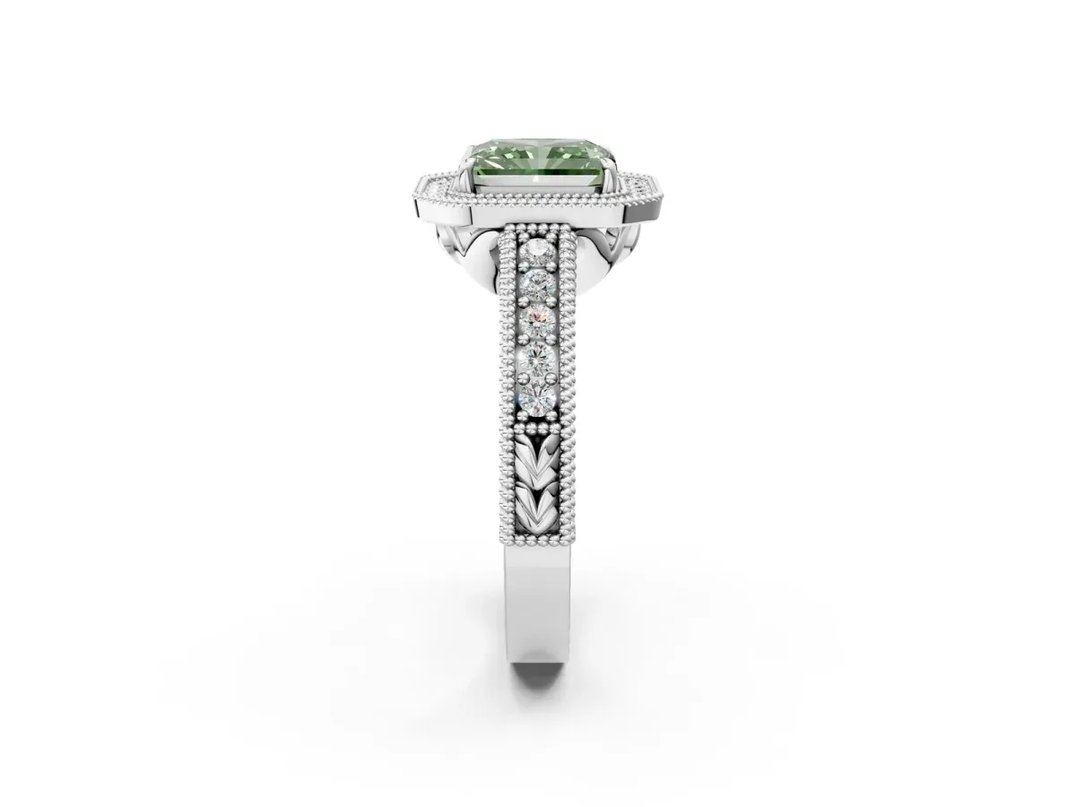 Fancy Green Radiant Cut Cut Halo Diamond Ring with Pavé Band and Four-Prong Setting Platinum