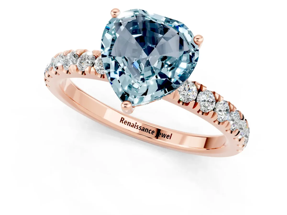 Heart Cut Aquamarine Pave Band Solitaire Ring with Round and Prong Setting Rose gold