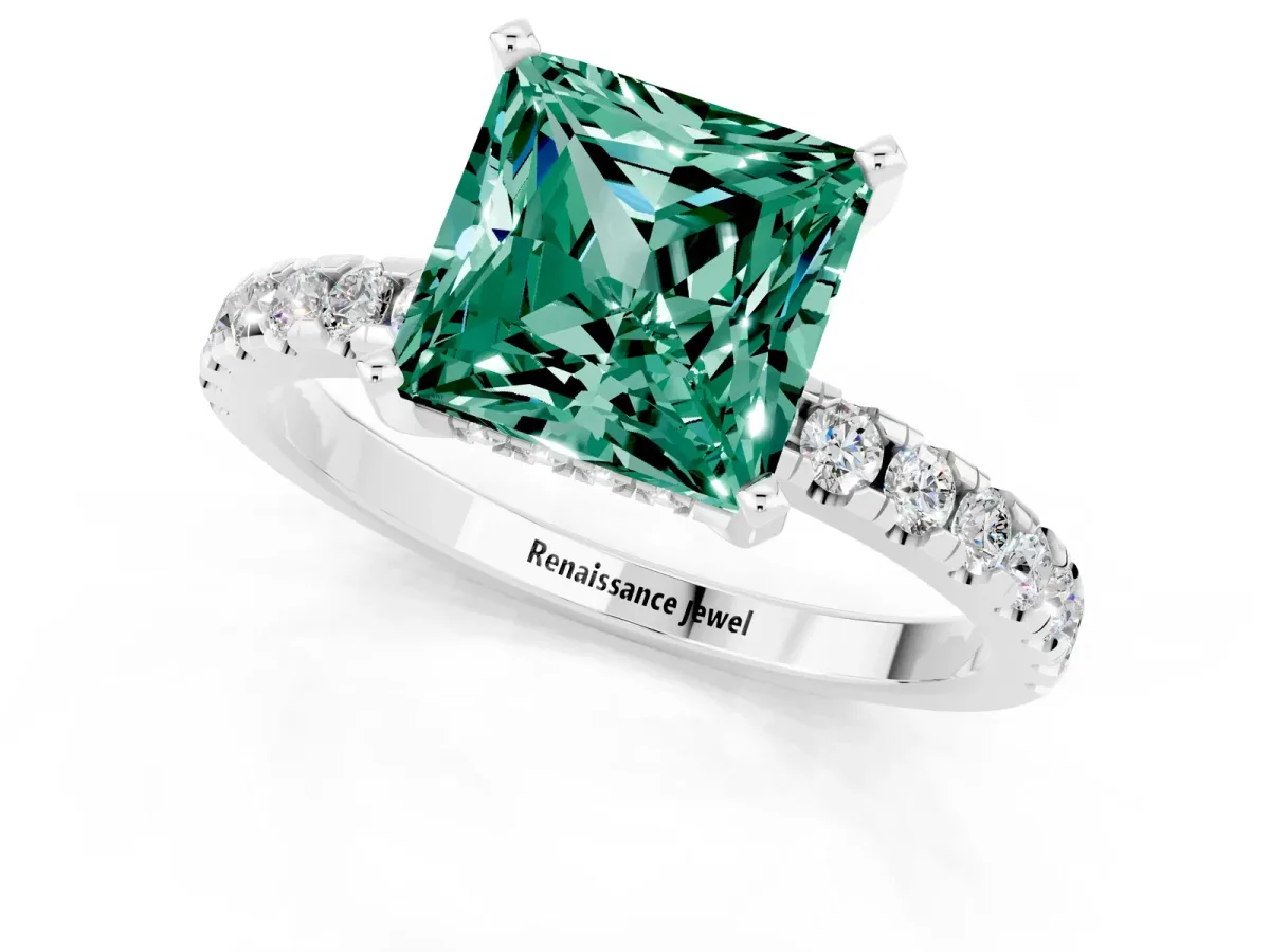 Princess Cut Green Sapphire Solitaire Ring with Round Pavé Band and Four-Prong Setting White gold