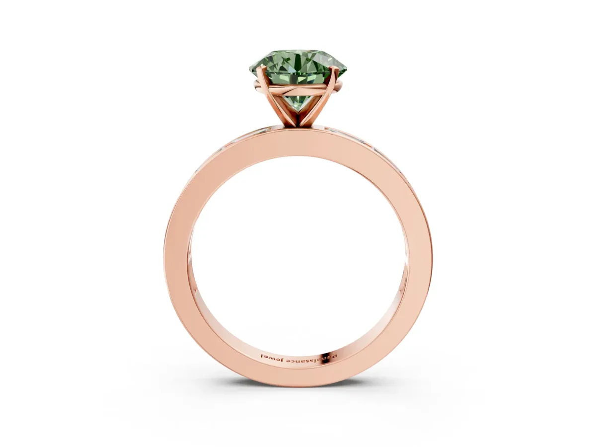 Fancy Green Round Cut Solitaire Diamond Ring with Channel-Set Baguette Band and Four-Prong Setting Rose gold