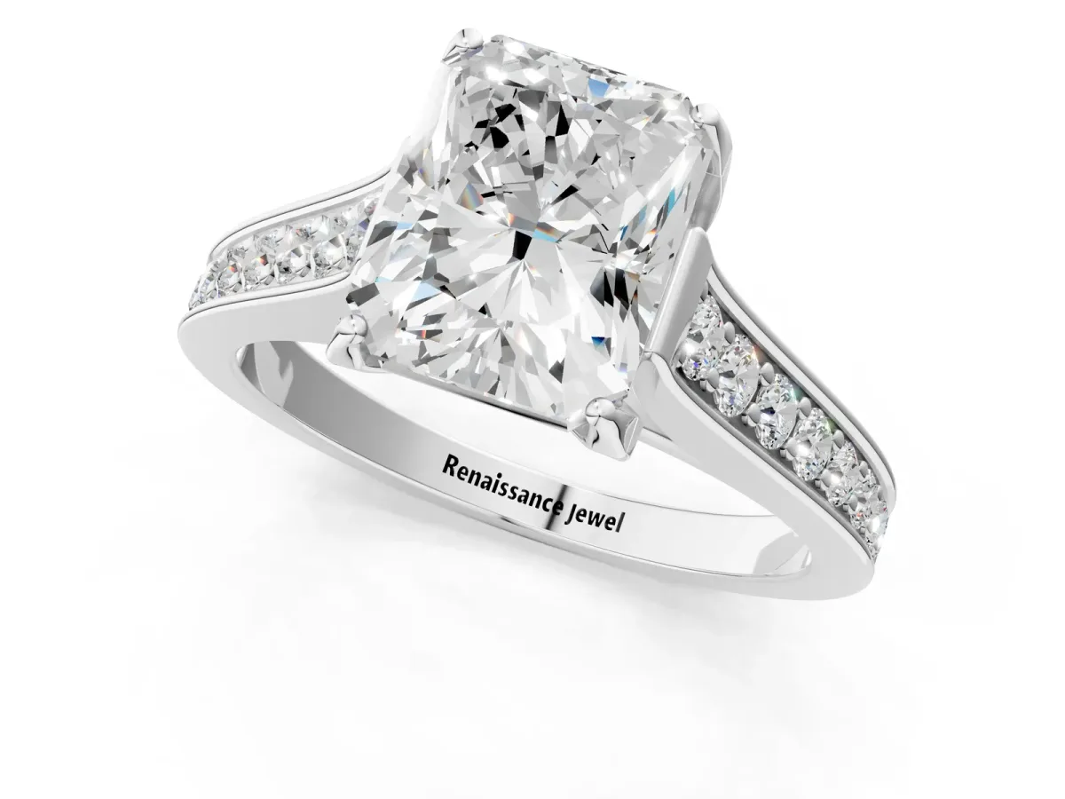Radiant Cut Brilliant Cut Diamond Engagement Ring with Pavé Band and Four-Prong Setting Platinum