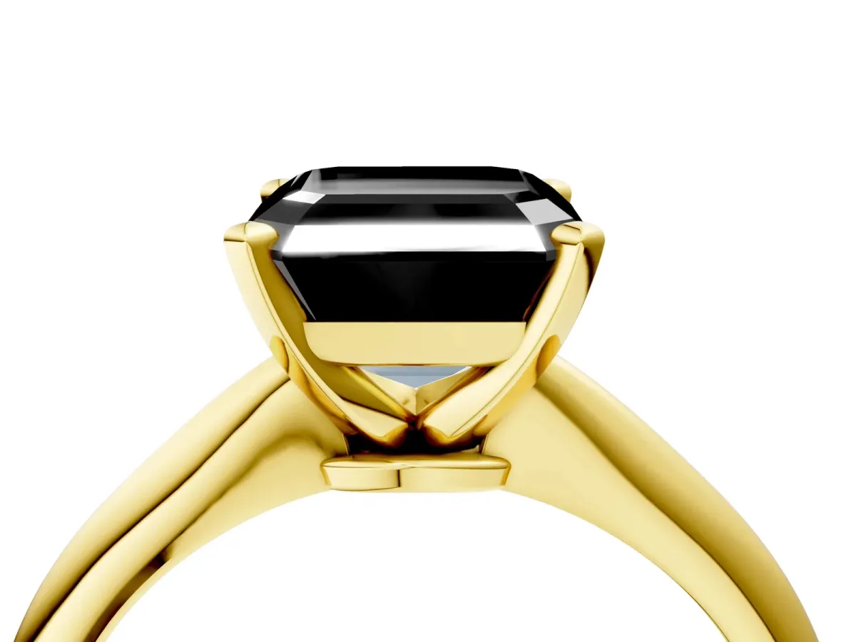 Fancy Black Asscher Cut Diamond Solitaire Engagement Ring with Classic Band and Four-Prong Setting Yellow gold