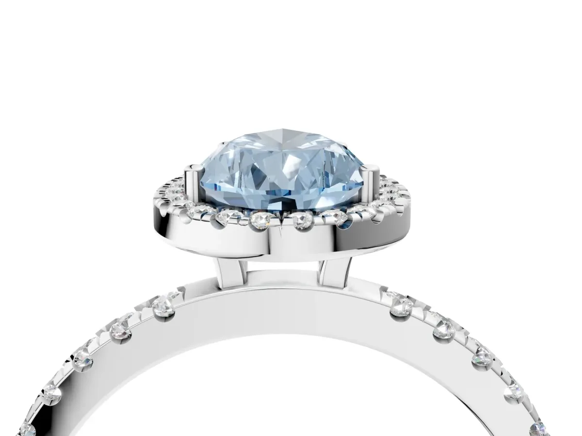 Fancy Blue Pear Cut Diamond Classic Halo Engagement Ring with Round Pavé Band and Prong Setting White gold