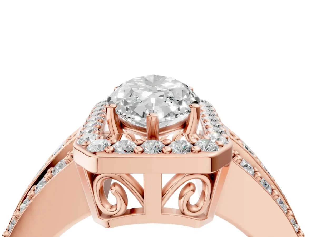 Marquise Cut Halo Diamond Ring with Round Split Shank and Prong Setting Rose gold