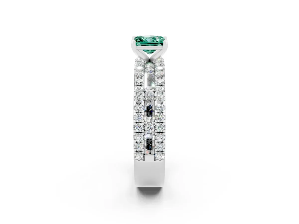 Princess Cut Green Sapphire Solitaire Ring with Pavé and Channel Set Band White gold