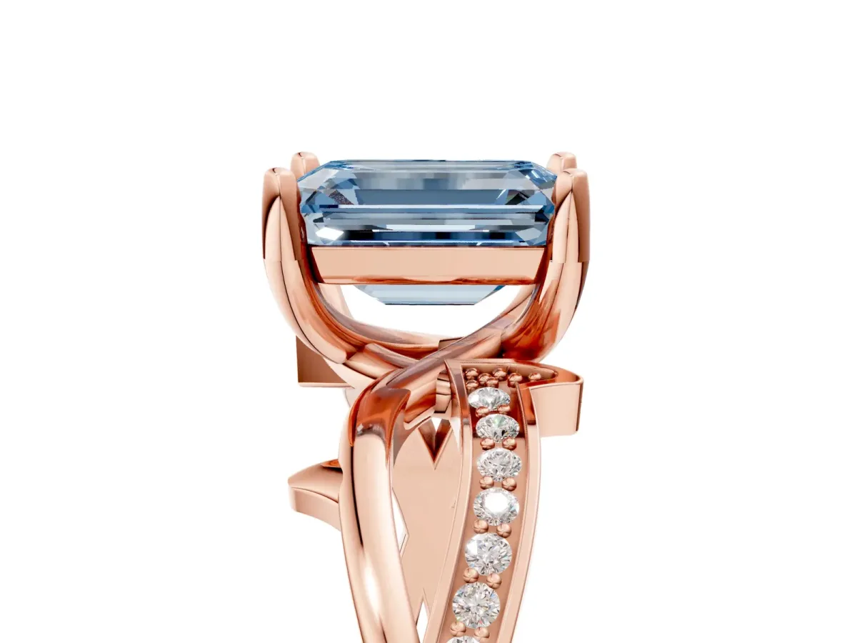 Fancy Blue Emerald Cut Solitaire Twist Band with Pavé Accents and Four-Prong Setting Rose gold