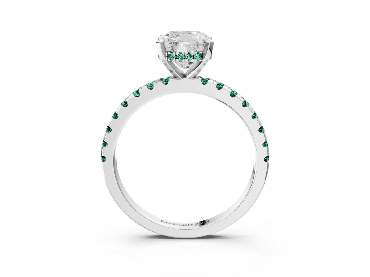 Cushion Cut Diamond Solitaire Ring with Round Green Sapphire Pavé Band and Four-Prong Setting Platinum