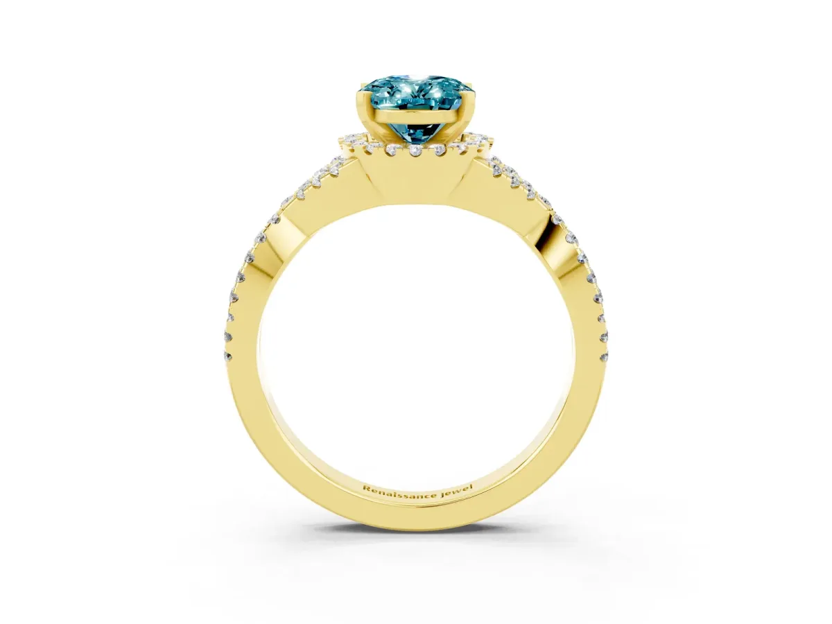 Oval Cut Blue Topaz Halo Twist Band Solitaire Prong Setting Ring Yellow gold
