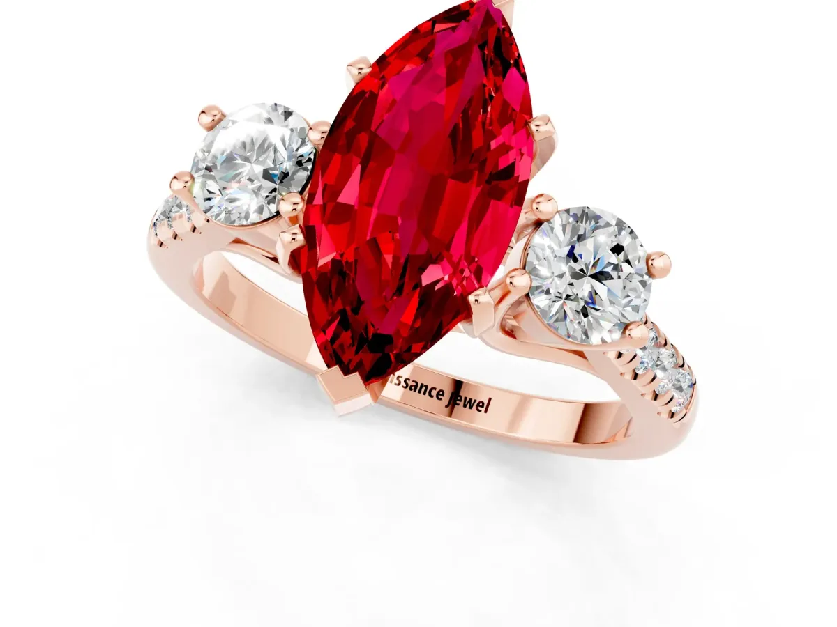 Three-Stone Marquise Cut Ruby Pavé Band with Four-Prong Setting Rose gold