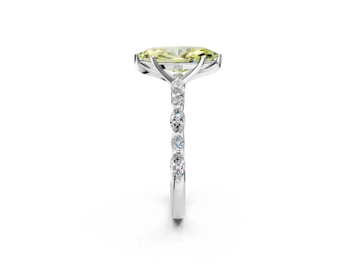 Fancy Yellow Marquise Cut Diamond Ring with Marquise and Round Side Stones and Four-Prong Setting White gold