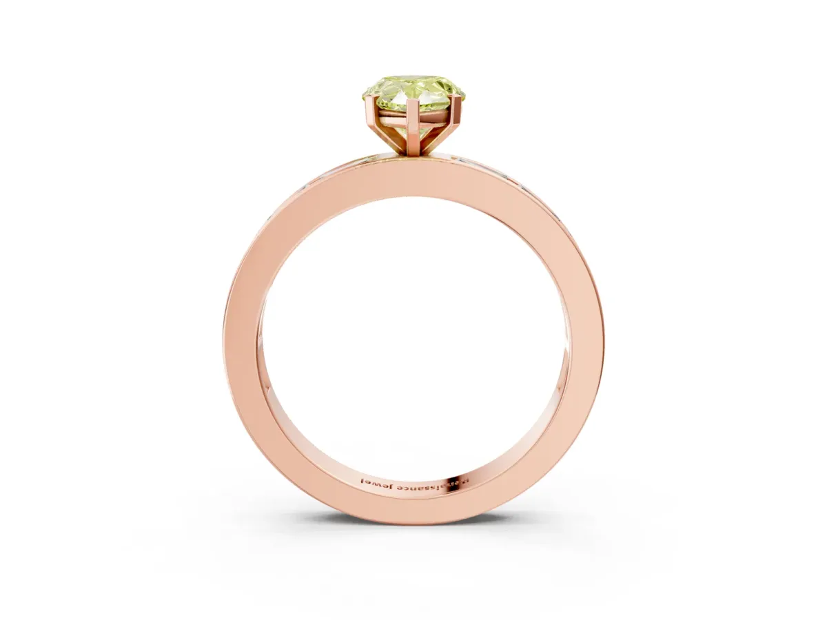 Fancy Yellow Pear Cut Solitaire Diamond Ring with Channel-Set Baguette Band and Four-Prong Setting Rose gold