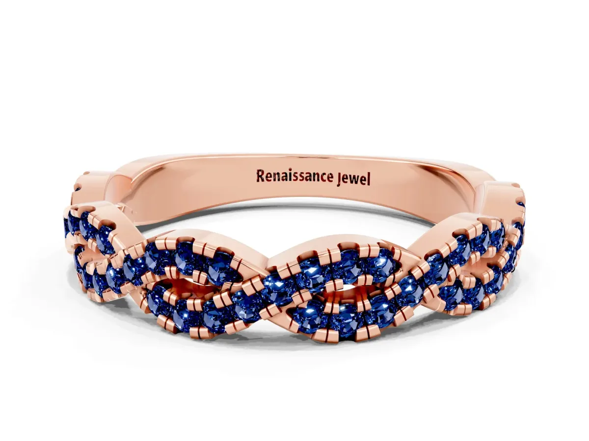 Round Blue Sapphire Twisted Eternity Band with Pavé and Shared Prong Setting Rose gold