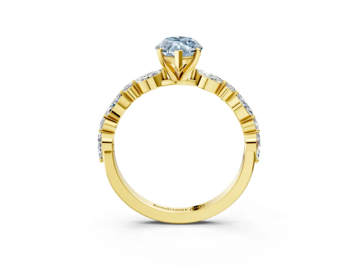 Fancy Blue Marquise Cut Diamond Ring with Marquise and Round Side Stones and Four-Prong Setting Yellow gold