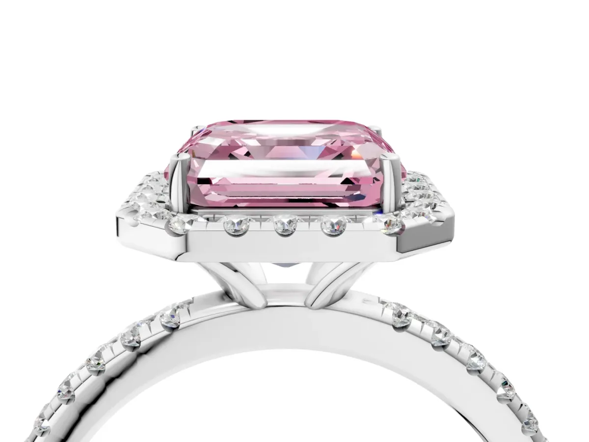 Fancy Pink Asscher Cut Diamond Halo Engagement Ring with Round Pavé Band and Prong Setting Platinum