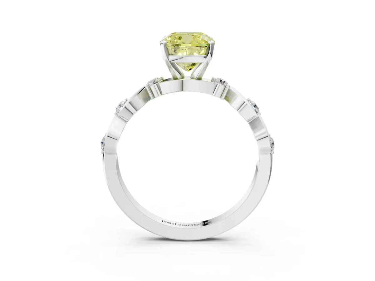 Fancy Yellow Cushion Cut Diamond Solitaire Twisted Band with Round Accents and Prong Setting White gold