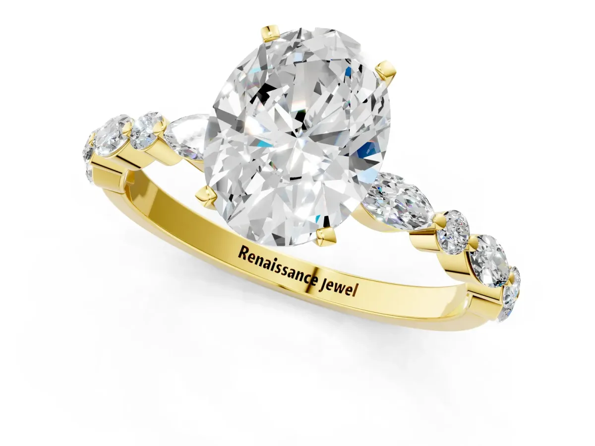 Oval Cut Diamond Ring with Marquise and Round Moissanite Side Stones and Four-Prong Setting Yellow gold