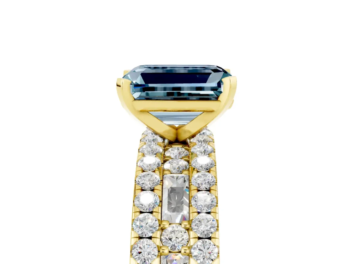 Emerald Cut Aquamarine Solitaire Ring with Pavé and Channel Set Band Yellow gold