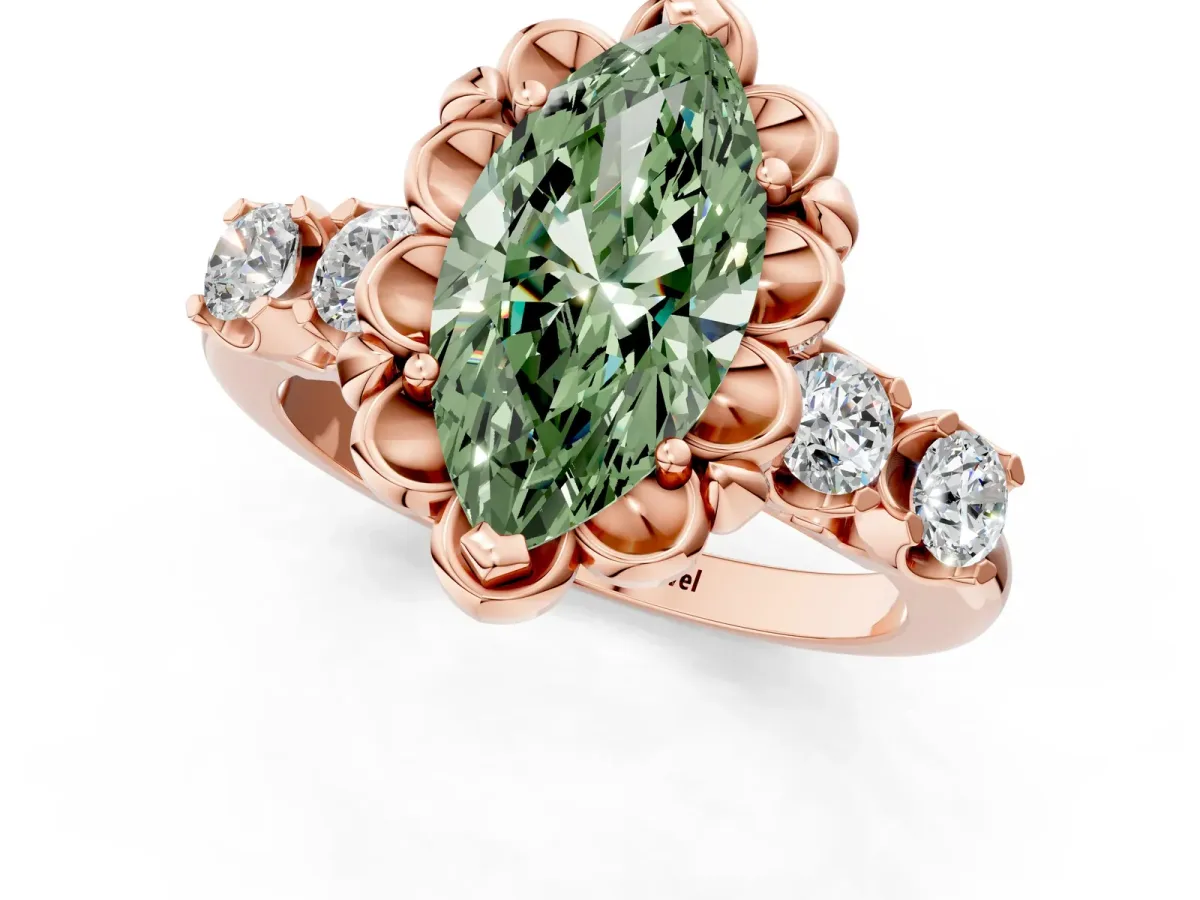 Fancy Green Marquise Cut Cut Diamond Floral Halo Engagement Ring with Shared Prong Setting Rose gold
