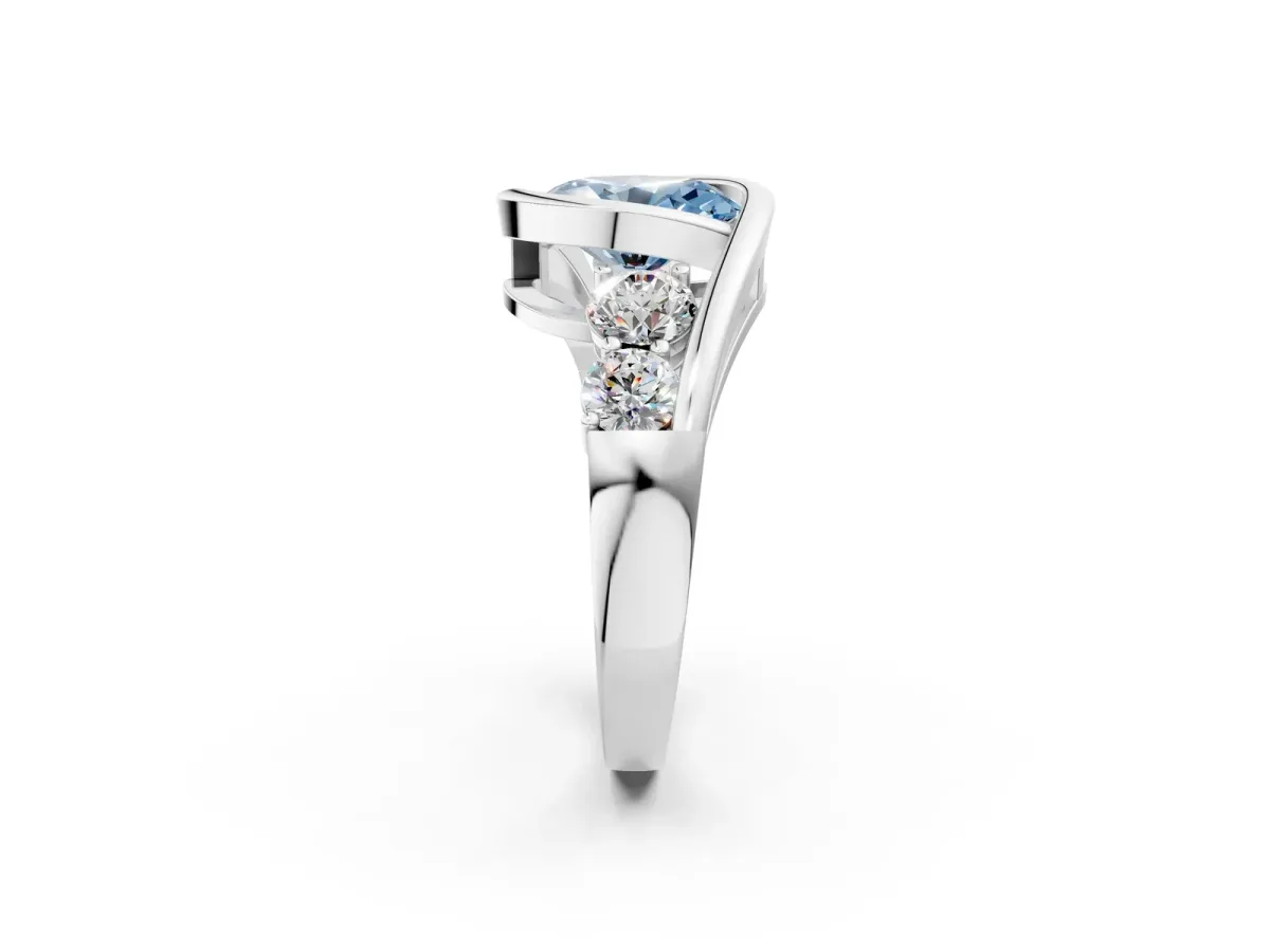 Fancy Blue Bezel Set Oval Cut Diamond Bypass Ring with Round Accents Platinum