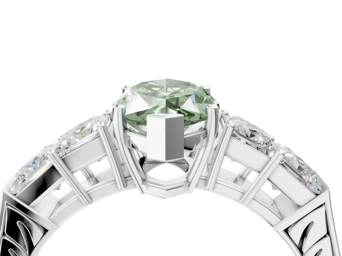 Fancy Green Marquise Cut Solitaire Princess Side Stone Engraved Band Prong Setting Ring Platinum