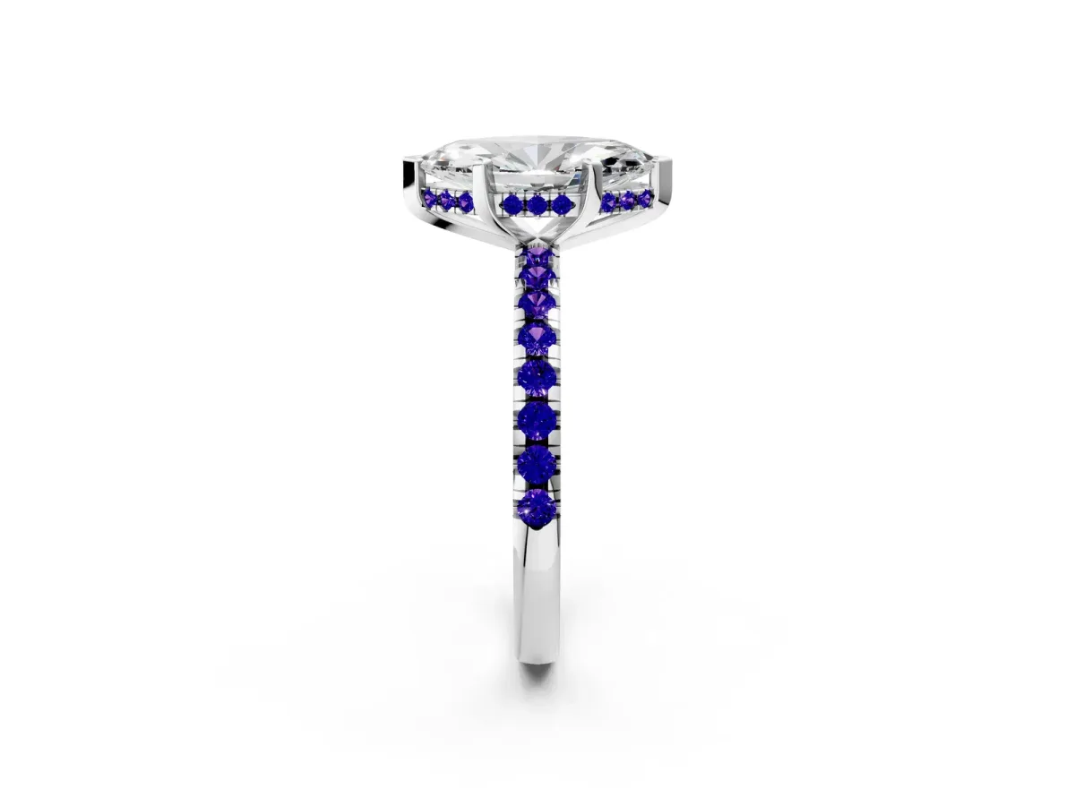Marquise Cut Diamond Solitaire Ring with Round Tanzanite Pavé Band and Four-Prong Setting White gold