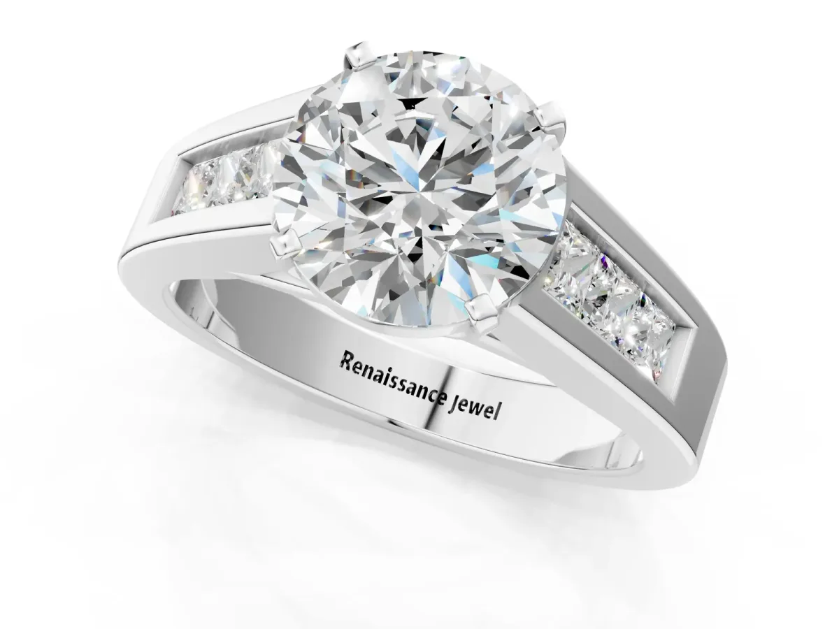 Round Cut Cut Channel Set Solitaire Ring with Four-Prong Setting White gold
