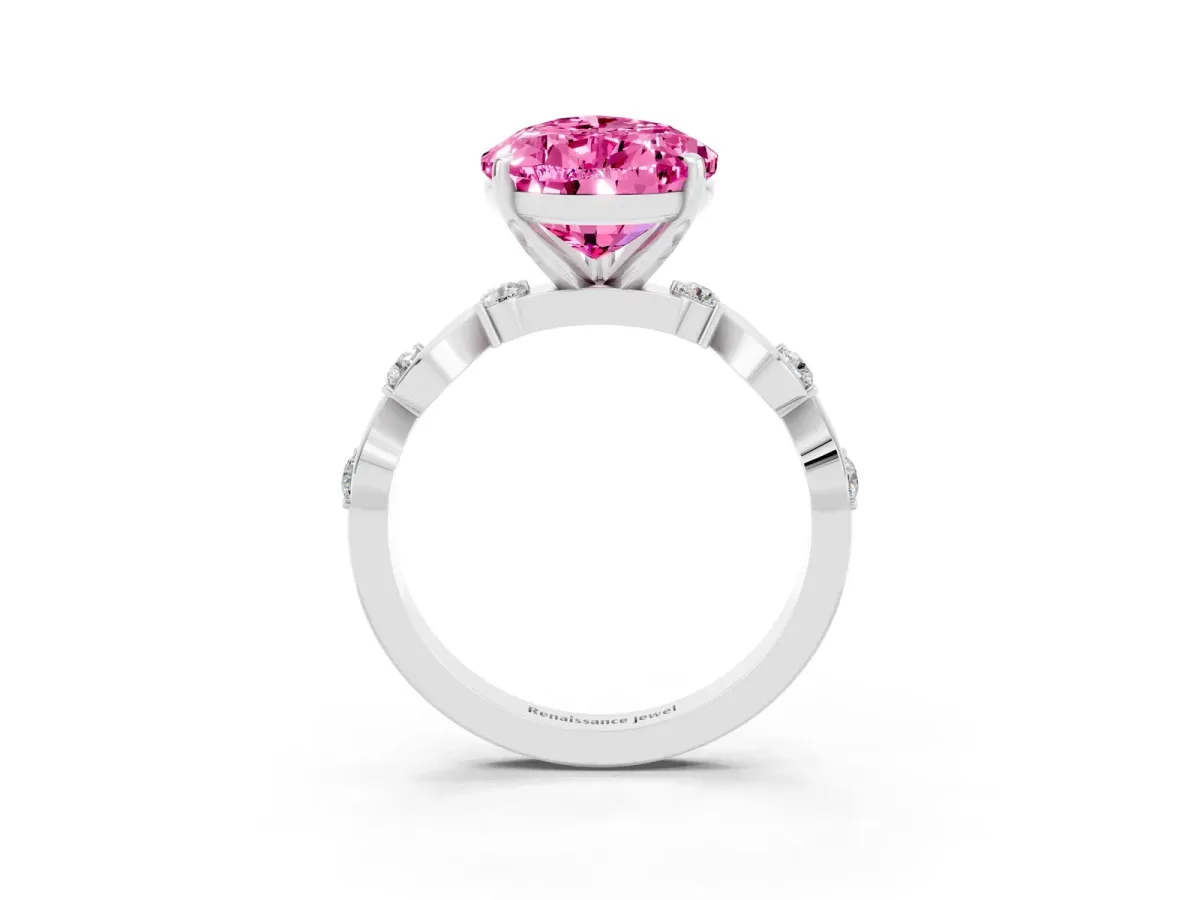 Pear Cut Pink Sapphire Solitaire Twisted Band with Round Accents and Prong Setting White gold