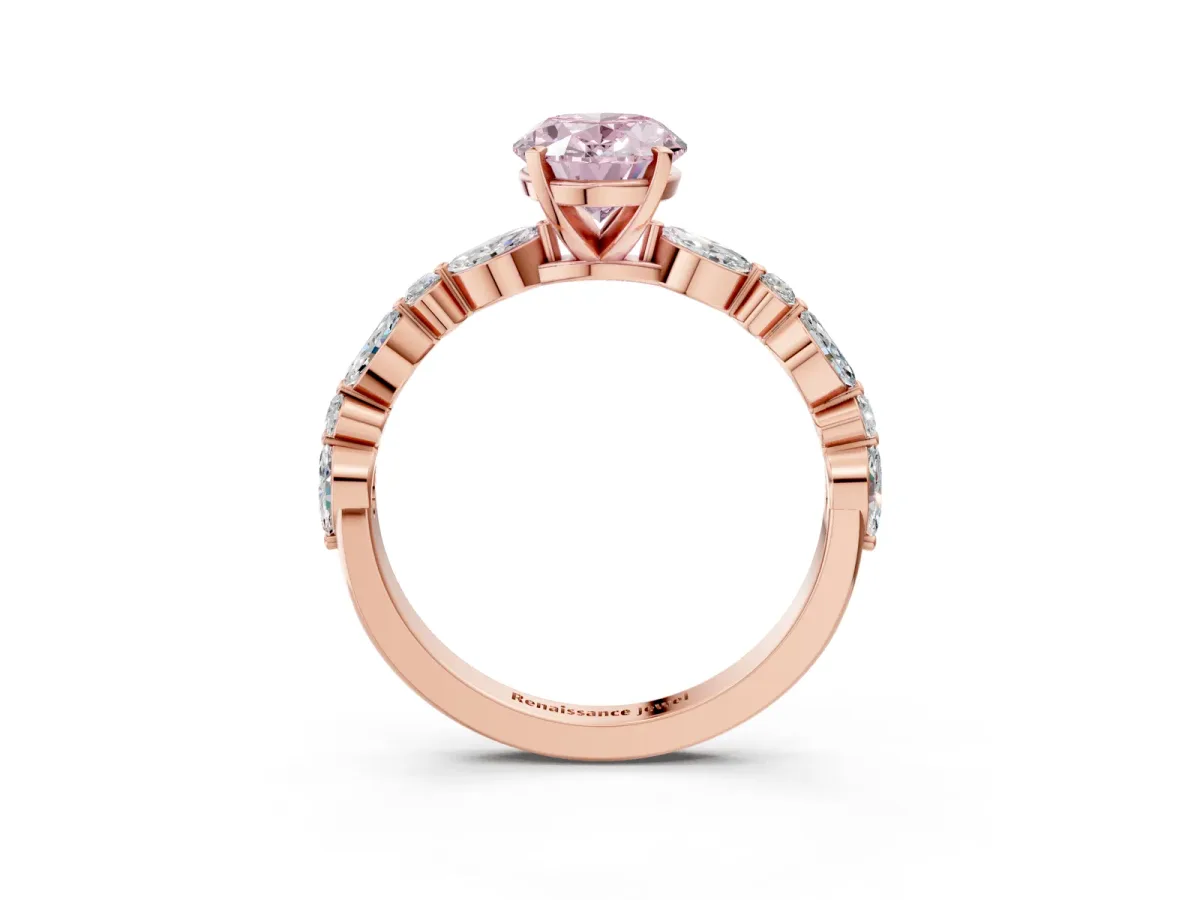 Fancy Pink Oval Cut Diamond Ring with Marquise and Round Side Stones and Four-Prong Setting Rose gold