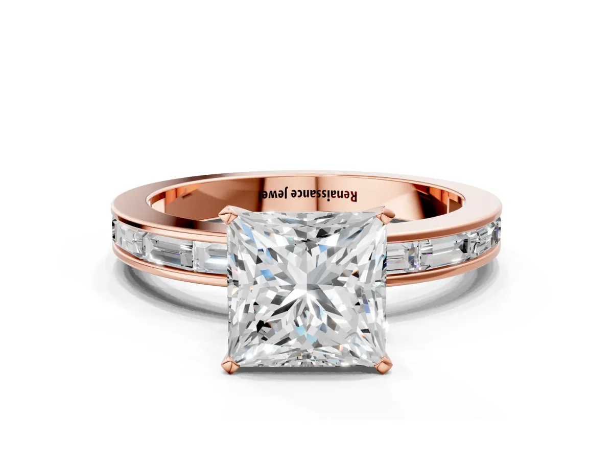 Princess Cut Solitaire Diamond Ring with Channel-Set Baguette Band and Four-Prong Setting Rose gold